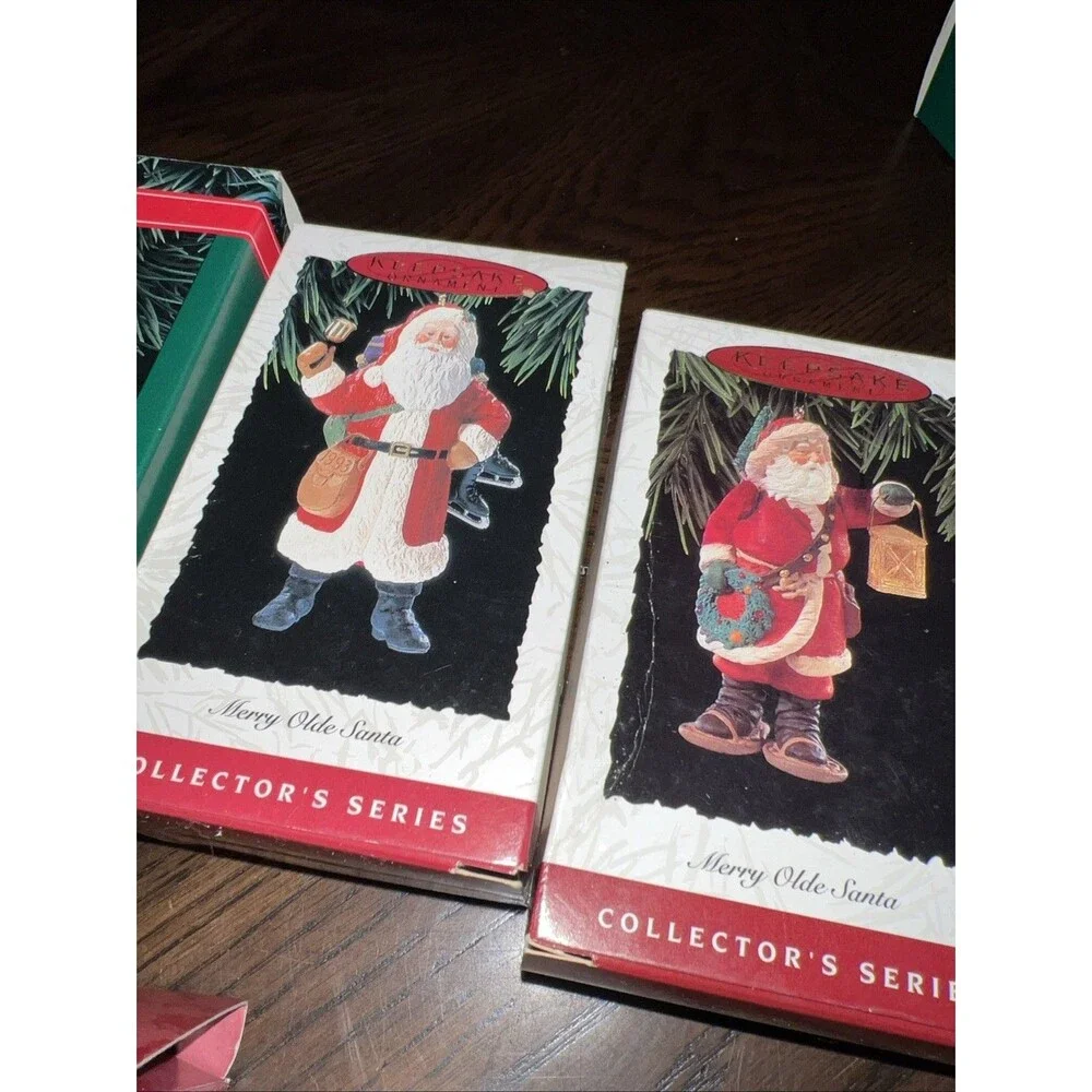 Hallmark Christmas Ornaments MERRY OLDE SANTA Complete 1-10 Set Box WITH STAND!